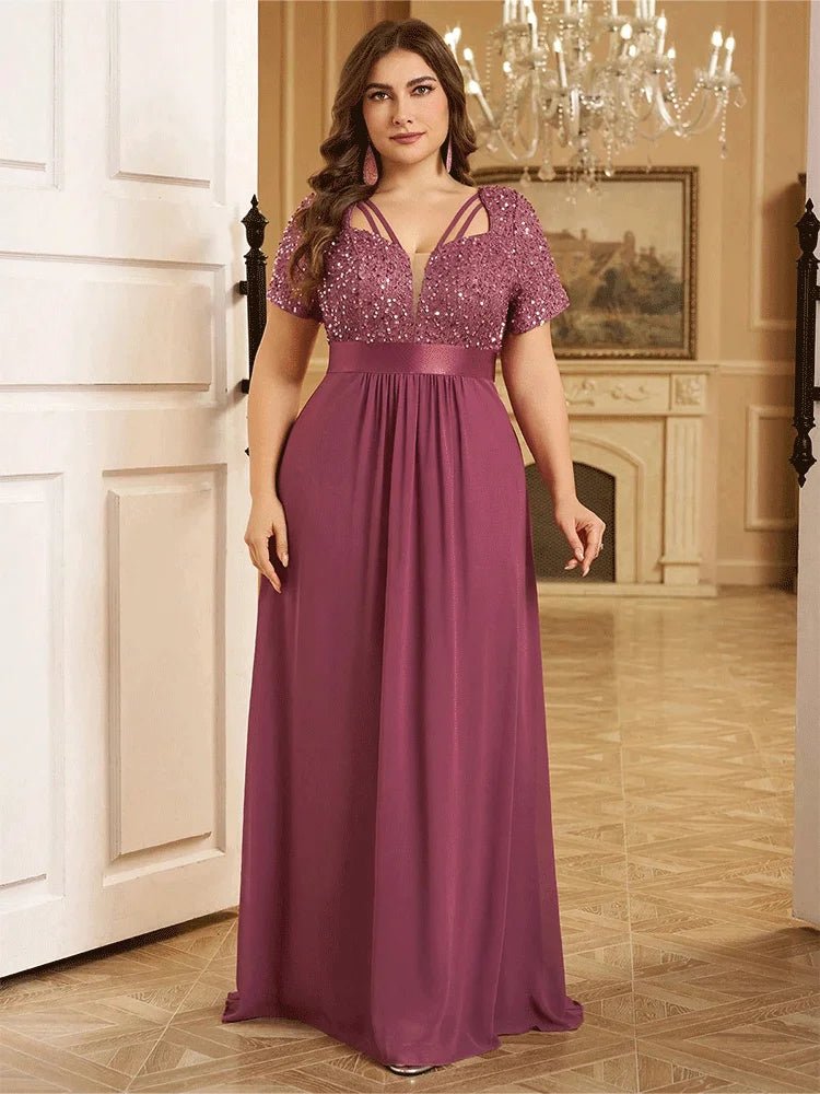 Evening Dress + Short Sleeve Plus - Size Sparkling Sequin Floor - Length + Elegant - SN Wigs & More