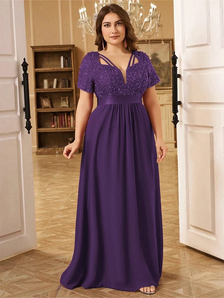 Evening Dress + Short Sleeve Plus - Size Sparkling Sequin Floor - Length + Elegant - SN Wigs & More