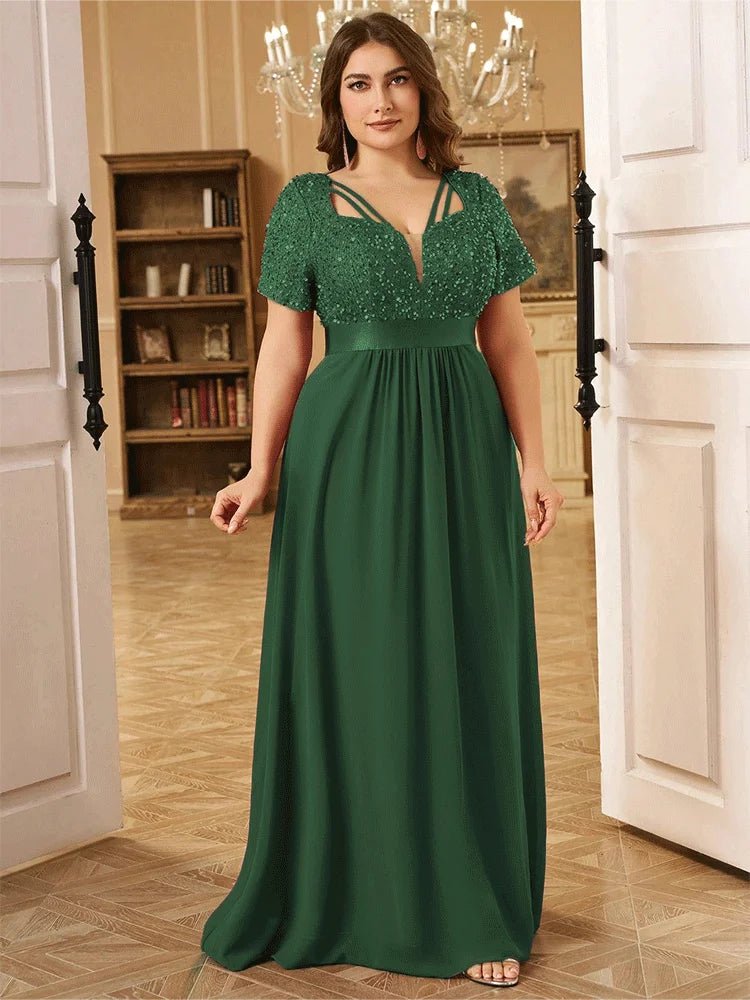 Evening Dress + Short Sleeve Plus - Size Sparkling Sequin Floor - Length + Elegant - SN Wigs & More