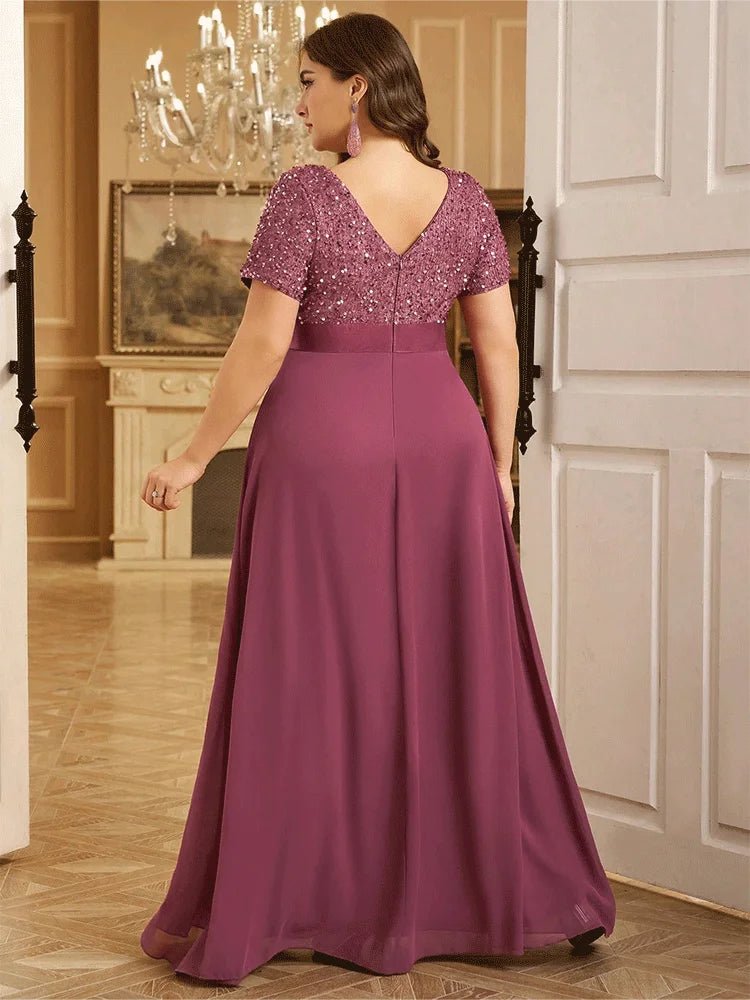 Evening Dress + Short Sleeve Plus - Size Sparkling Sequin Floor - Length + Elegant - SN Wigs & More