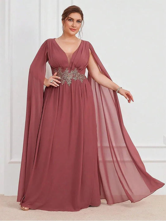 Evening Dress V Neck Sleeveless Flesh Pink Chiffon Floor Length For Bridesmaids Elegant Style - SN Wigs & More