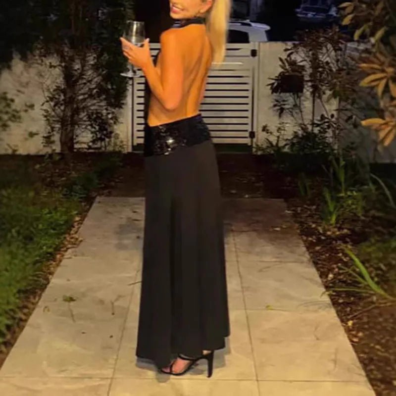 Evening Dress With Backless Sequin Waist – Halter Neck - SN Wigs & More