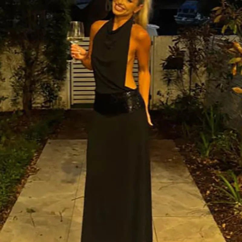 Evening Dress With Backless Sequin Waist – Halter Neck - SN Wigs & More