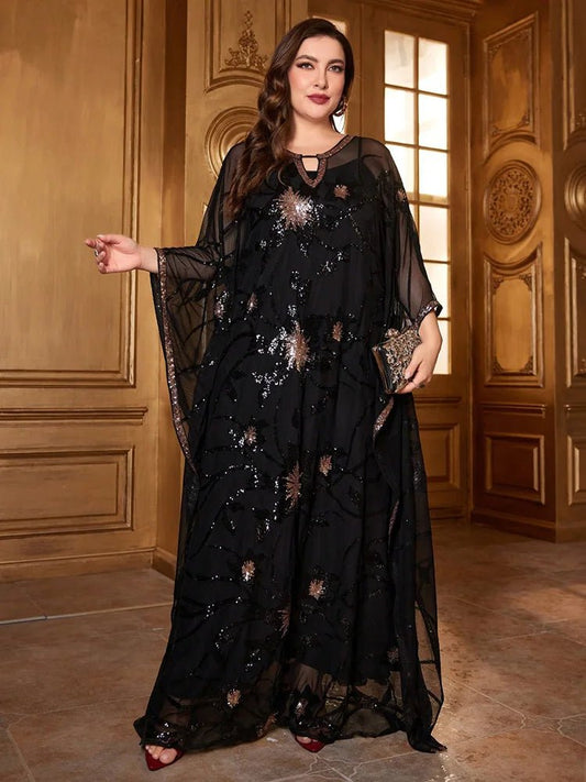 Evening Dress With Sequined Flower Pattern Batwing Sleeve – Elegant Style - SN Wigs & More