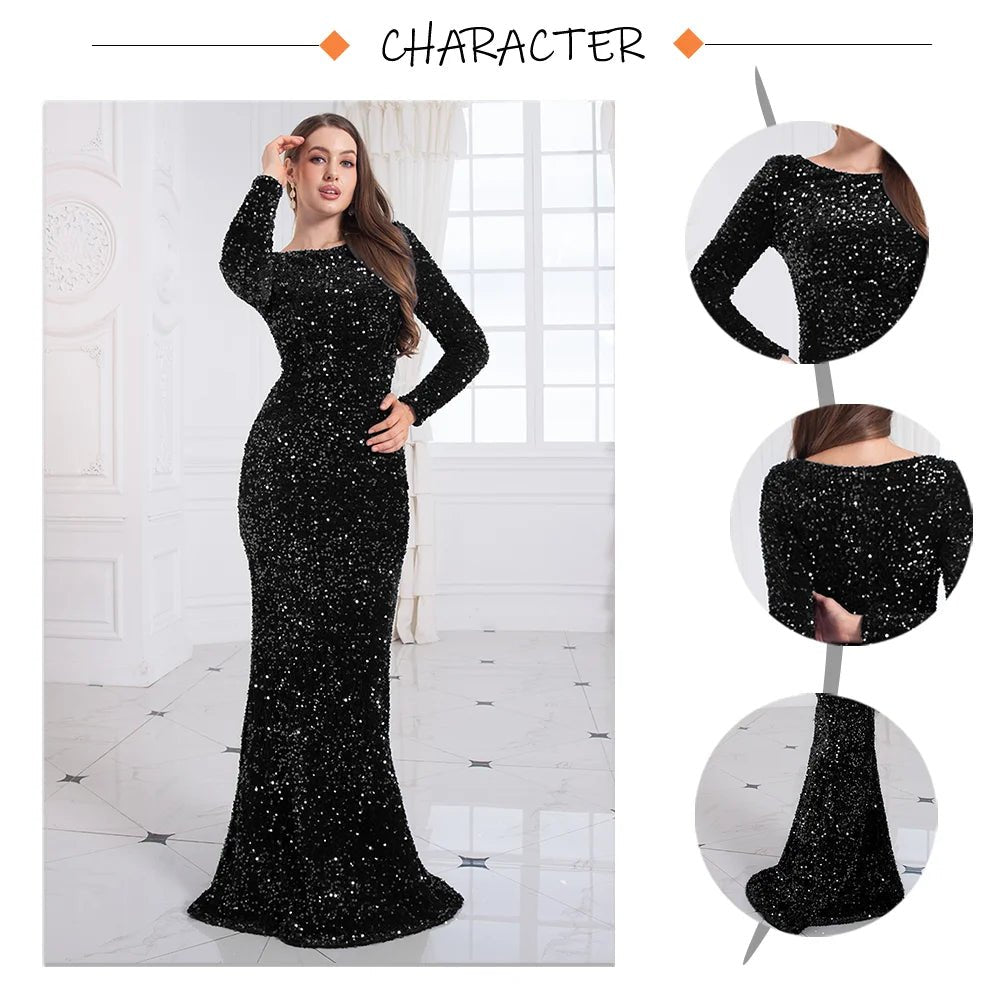 Evening Gown With Sequin Stretch Fabric Mermaid Style Elegant Formal Floor Length Dress - SN Wigs & More
