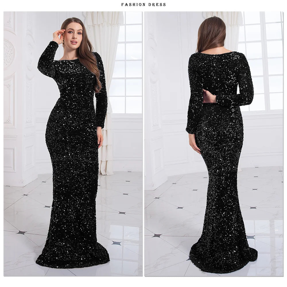 Evening Gown With Sequin Stretch Fabric Mermaid Style Elegant Formal Floor Length Dress - SN Wigs & More