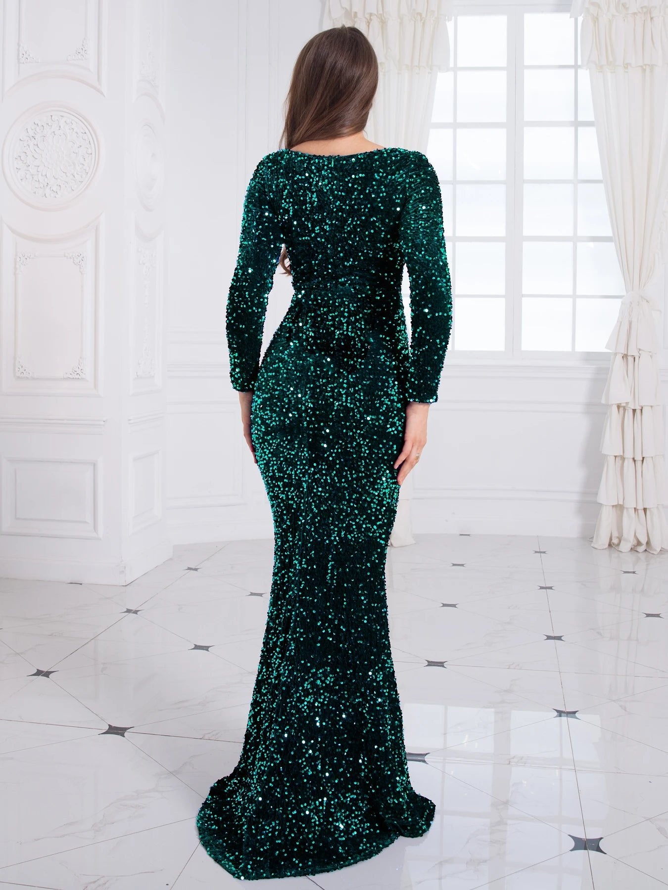 Evening Gown With Sequin Stretch Fabric Mermaid Style Elegant Formal Floor Length Dress - SN Wigs & More