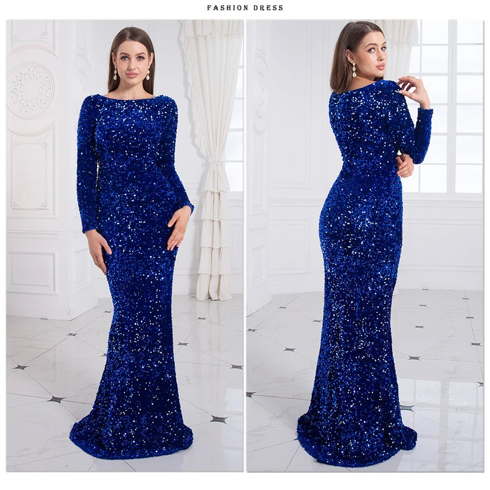 Evening Gown With Sequin Stretch Fabric Mermaid Style Elegant Formal Floor Length Dress - SN Wigs & More