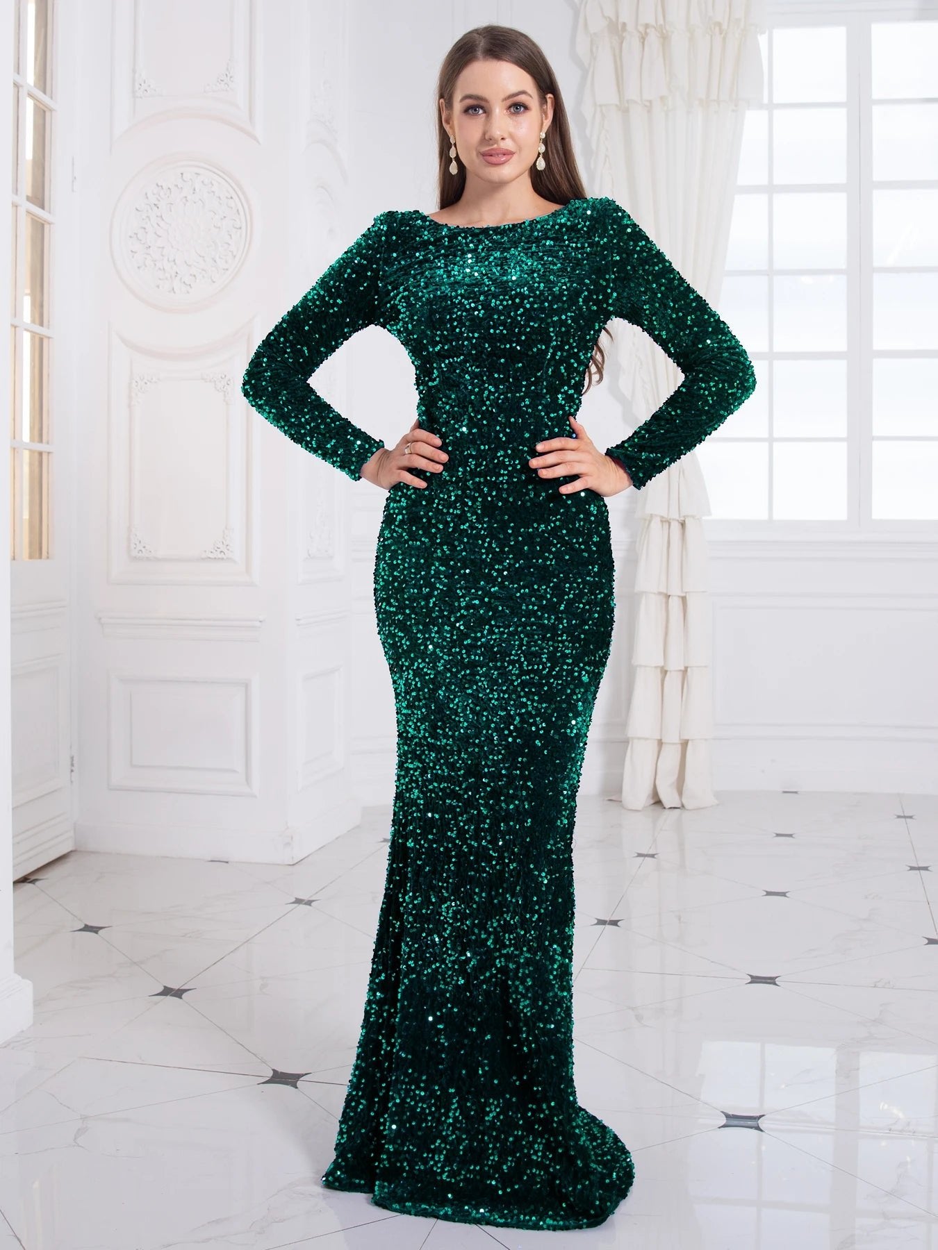 Evening Gown With Sequin Stretch Fabric Mermaid Style Elegant Formal Floor Length Dress - SN Wigs & More