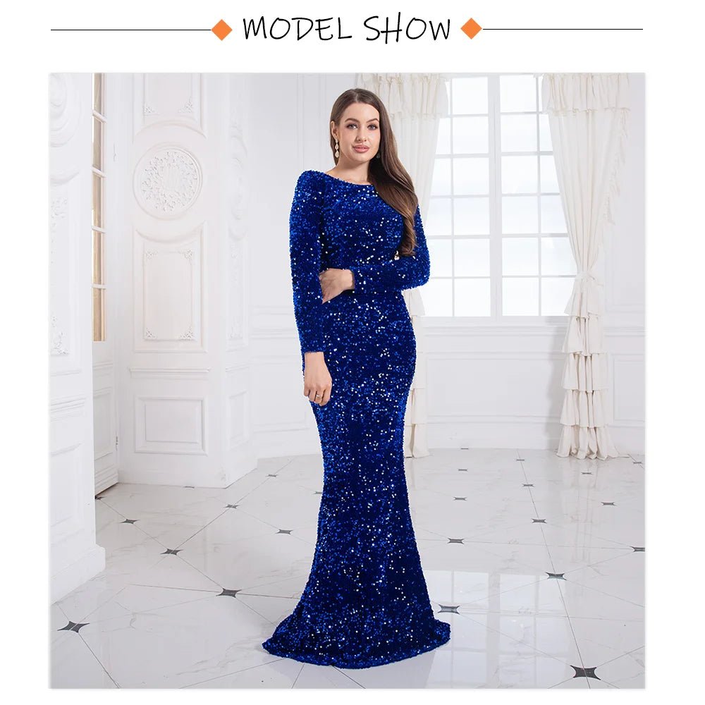 Evening Gown With Sequin Stretch Fabric Mermaid Style Elegant Formal Floor Length Dress - SN Wigs & More