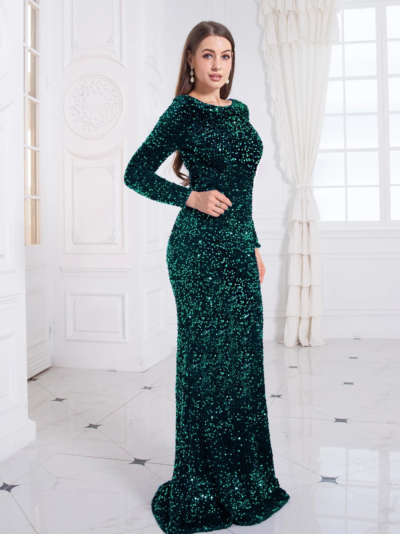 Evening Gown With Sequin Stretch Fabric Mermaid Style Elegant Formal Floor Length Dress - SN Wigs & More