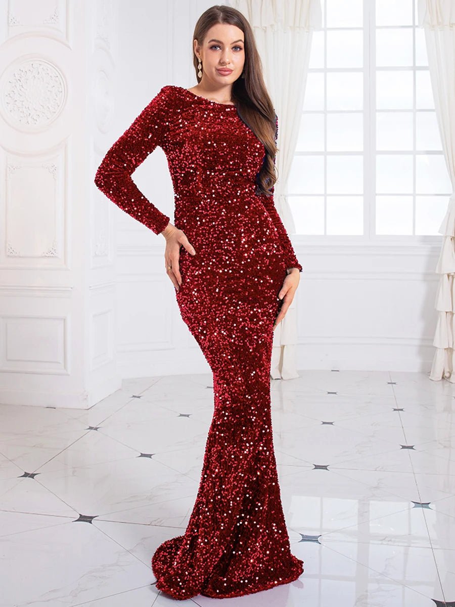 Evening Gown With Sequin Stretch Fabric Mermaid Style Elegant Formal Floor Length Dress - SN Wigs & More