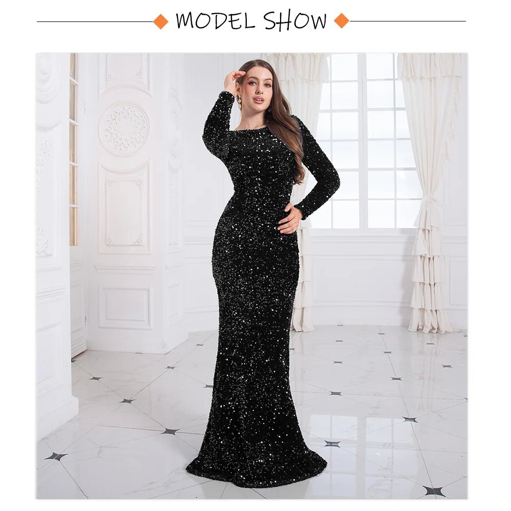 Evening Gown With Sequin Stretch Fabric Mermaid Style Elegant Formal Floor Length Dress - SN Wigs & More