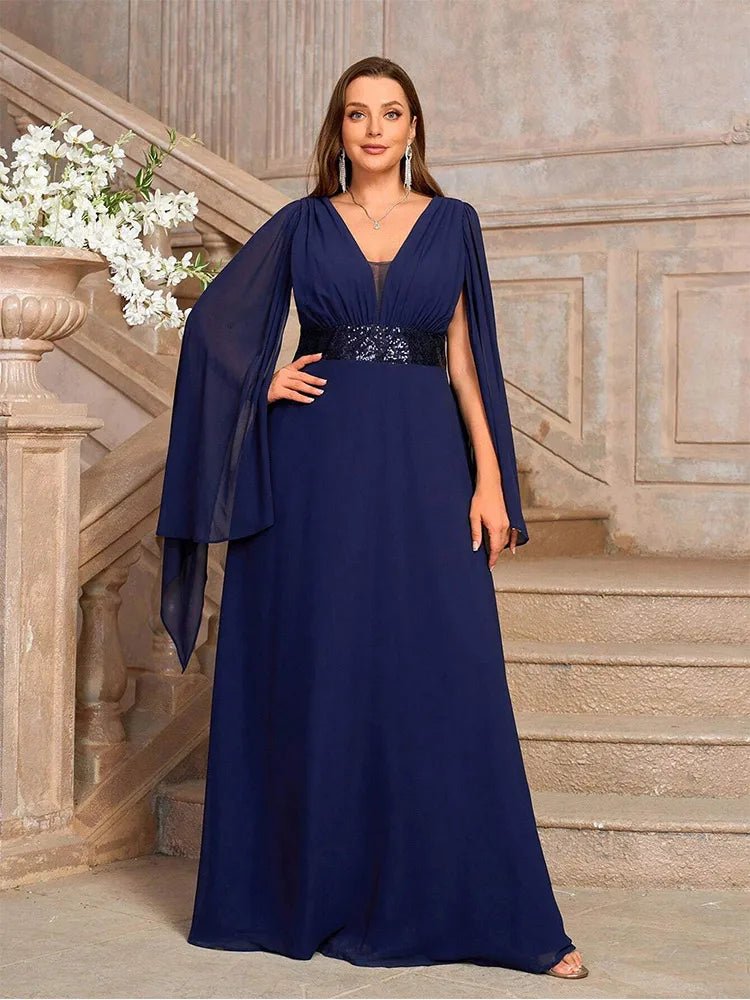 Evening Gown With V Neck Chiffon Shawl Plus Size Prom Style - SN Wigs & More