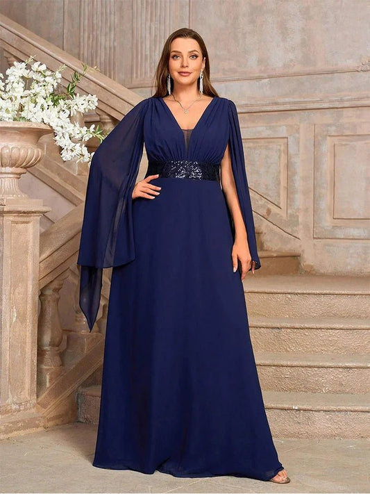 Evening Gown With V Neck Chiffon Shawl Plus Size Prom Style - SN Wigs & More