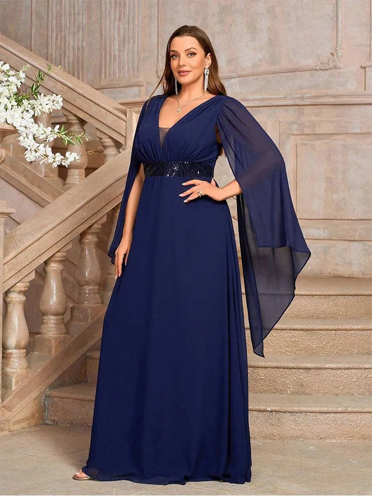 Evening Gown With V Neck Chiffon Shawl Plus Size Prom Style - SN Wigs & More