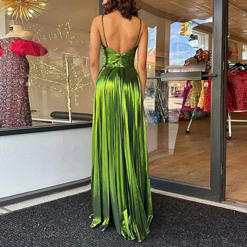 Evening Maxi Dress + Bronzing Shiny Satin Look Fabric + Glamorous Figure Flattering Style - SN Wigs & More
