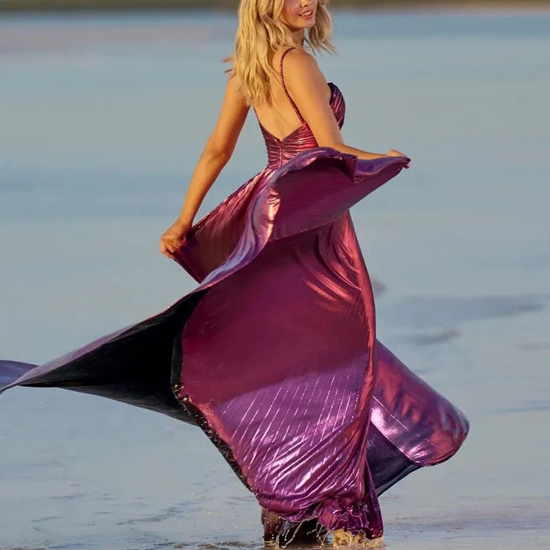 Evening Maxi Dress + Bronzing Shiny Satin Look Fabric + Glamorous Figure Flattering Style - SN Wigs & More