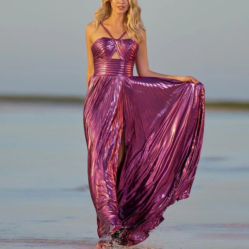 Evening Maxi Dress + Bronzing Shiny Satin Look Fabric + Glamorous Figure Flattering Style - SN Wigs & More