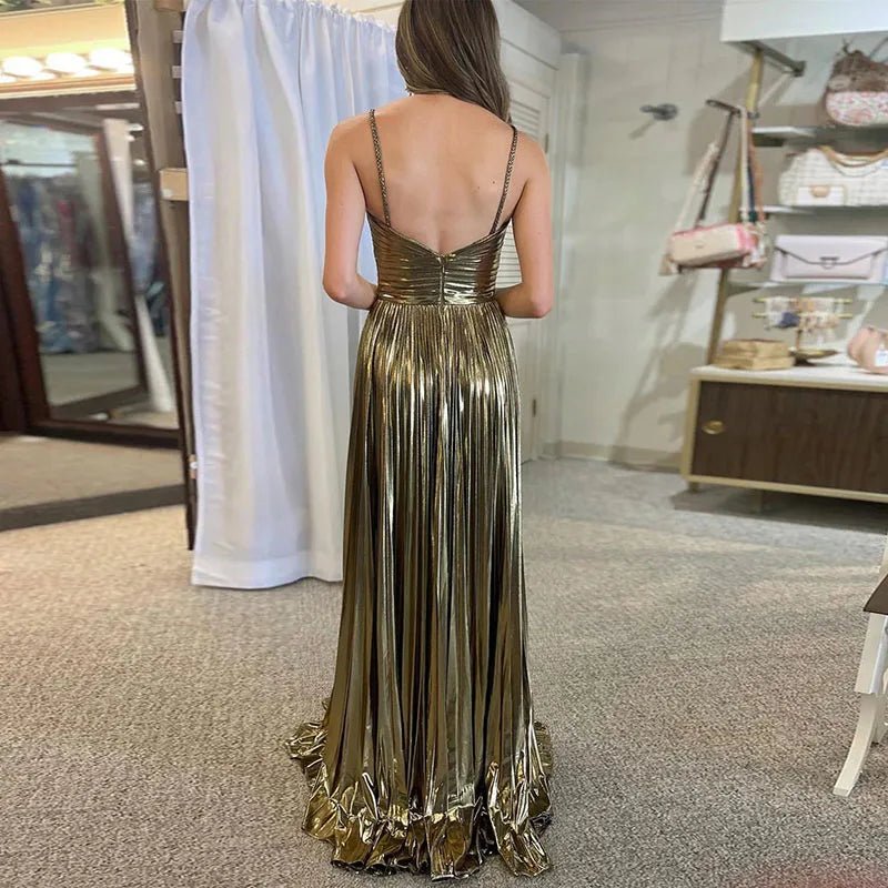 Evening Maxi Dress + Bronzing Shiny Satin Look Fabric + Glamorous Figure Flattering Style - SN Wigs & More