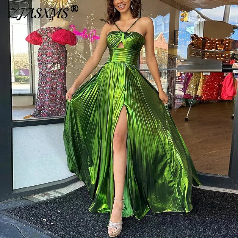 Evening Maxi Dress + Bronzing Shiny Satin Look Fabric + Glamorous Figure Flattering Style - SN Wigs & More