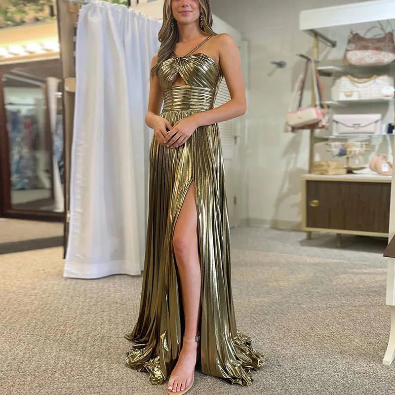 Evening Maxi Dress + Bronzing Shiny Satin Look Fabric + Glamorous Figure Flattering Style - SN Wigs & More
