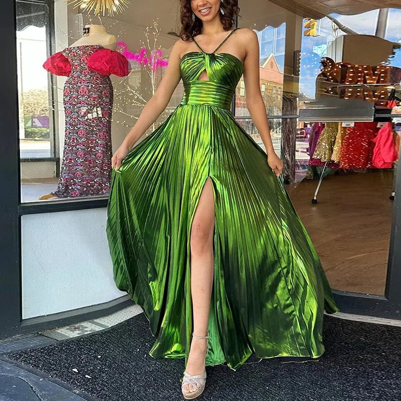 Evening Maxi Dress + Bronzing Shiny Satin Look Fabric + Glamorous Figure Flattering Style - SN Wigs & More