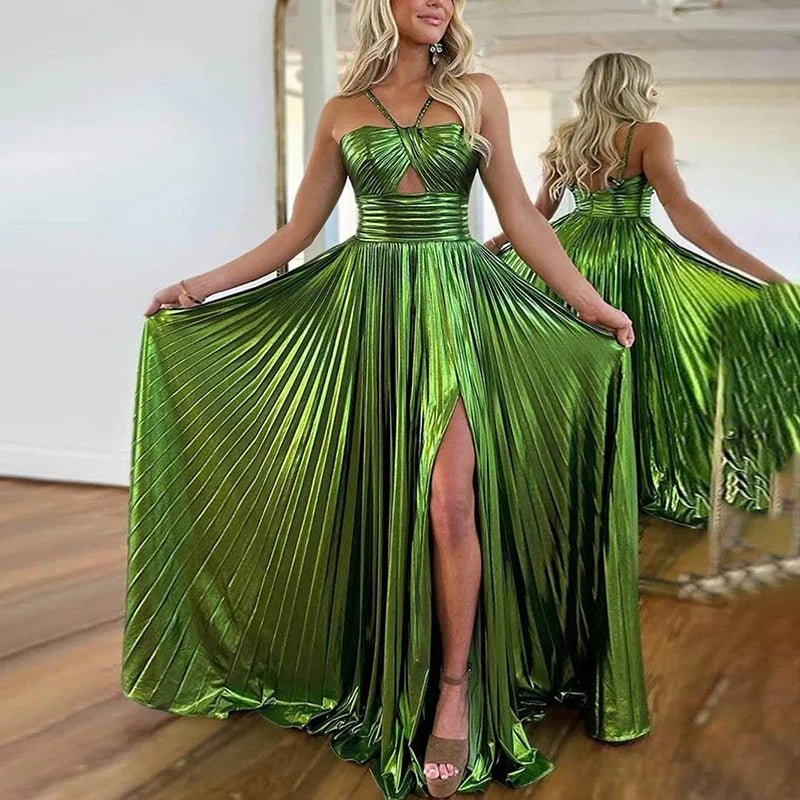 Evening Maxi Dress + Bronzing Shiny Satin Look Fabric + Glamorous Figure Flattering Style - SN Wigs & More