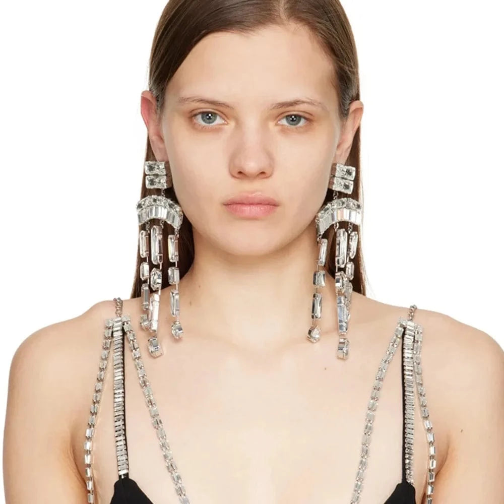 Exaggerate Luxury bridal jewelry silver exaggerated big large long crystal fringe chandelier tassel rhinestone earrings for wome
