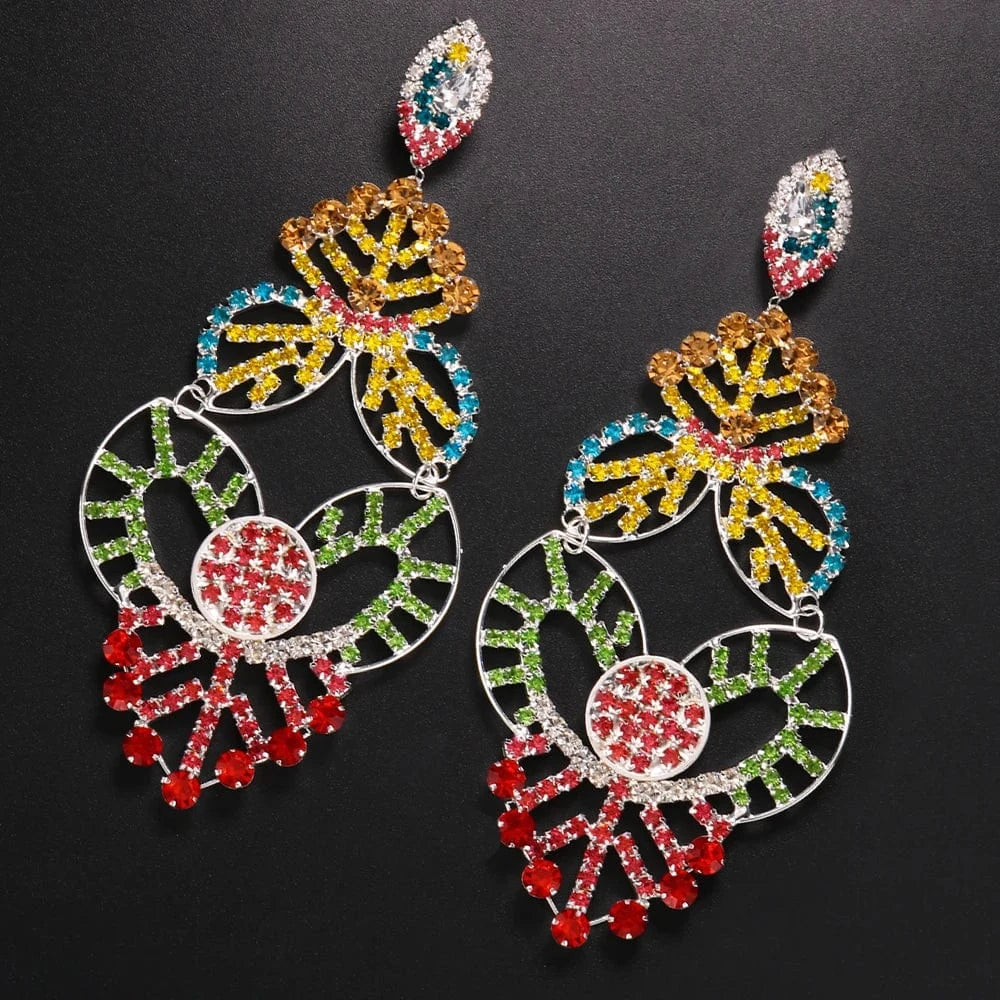 Exaggerated Colorful Hollow Rhinestone Statement Earring Fashion Long Dangle Drop Earrings Drag Queen Jewelry Accessories