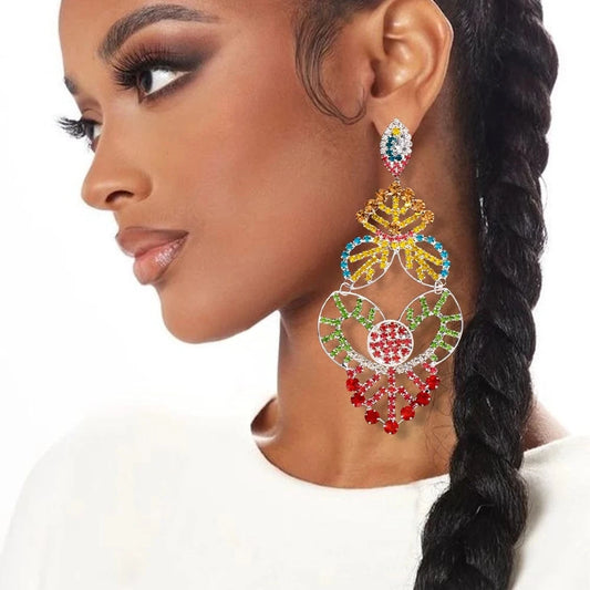 Exaggerated Colorful Hollow Rhinestone Statement Earring Fashion Long Dangle Drop Earrings Drag Queen Jewelry Accessories