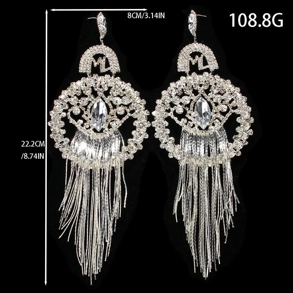 Exaggerated Large Round Earrings Jewelry Personality Rhinestone Long Tassel Earrings for Women