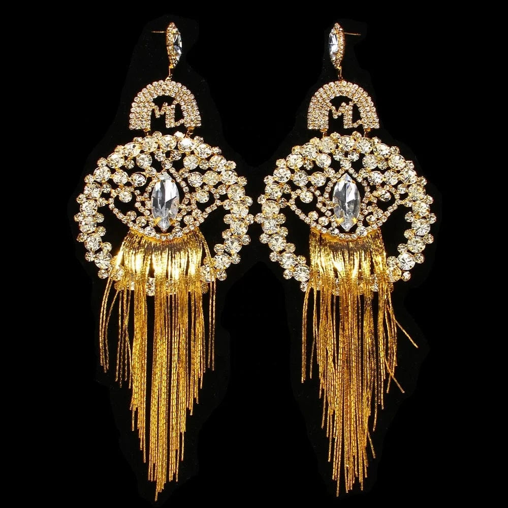 Exaggerated Large Round Earrings Jewelry Personality Rhinestone Long Tassel Earrings for Women