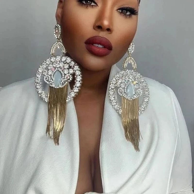 Exaggerated Large Round Earrings Jewelry Personality Rhinestone Long Tassel Earrings for Women