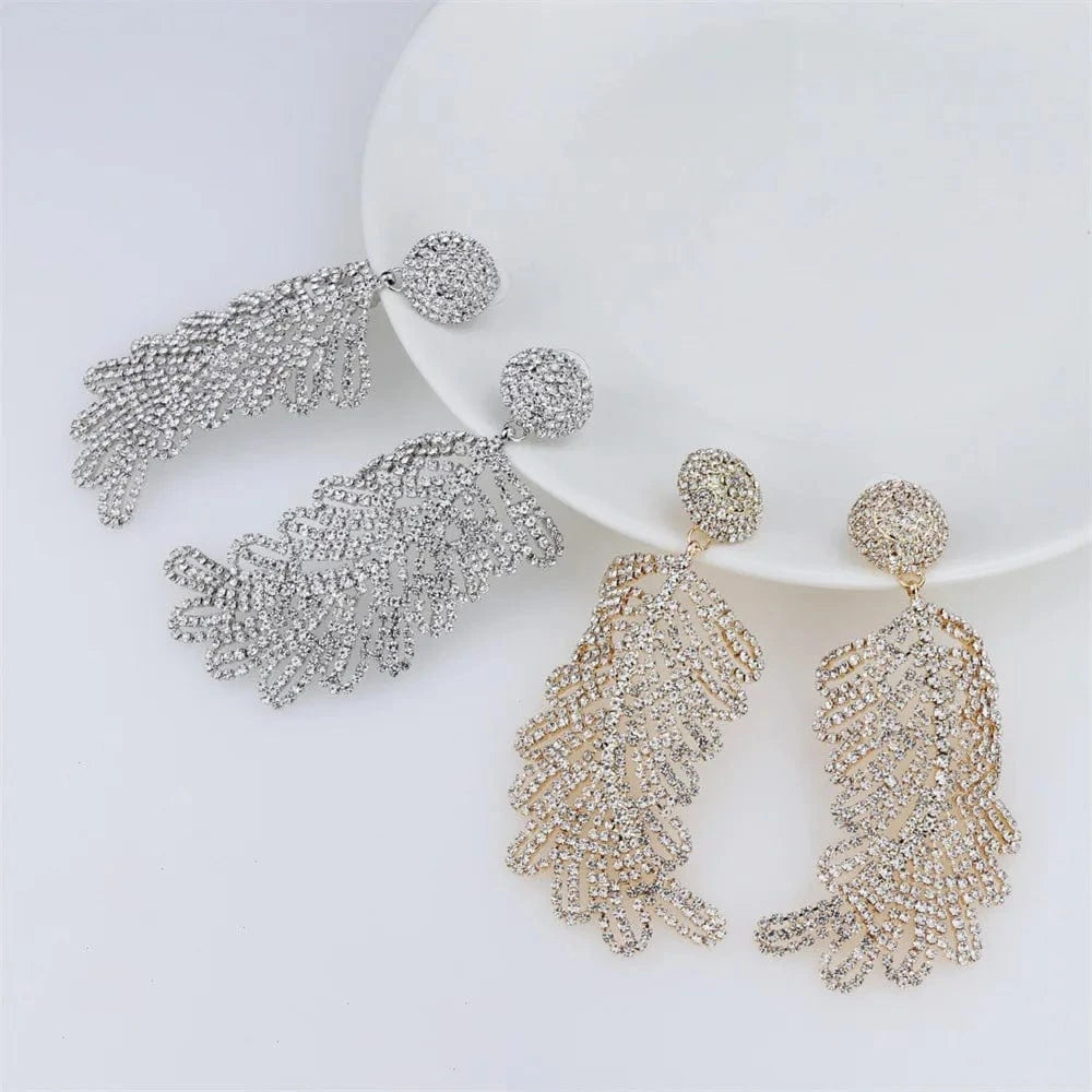 Exaggerated Long Hollow Leaves Dangle Earrings for women Crystal Statement Drop Big Rhinestone Earrings Jewelry Unique