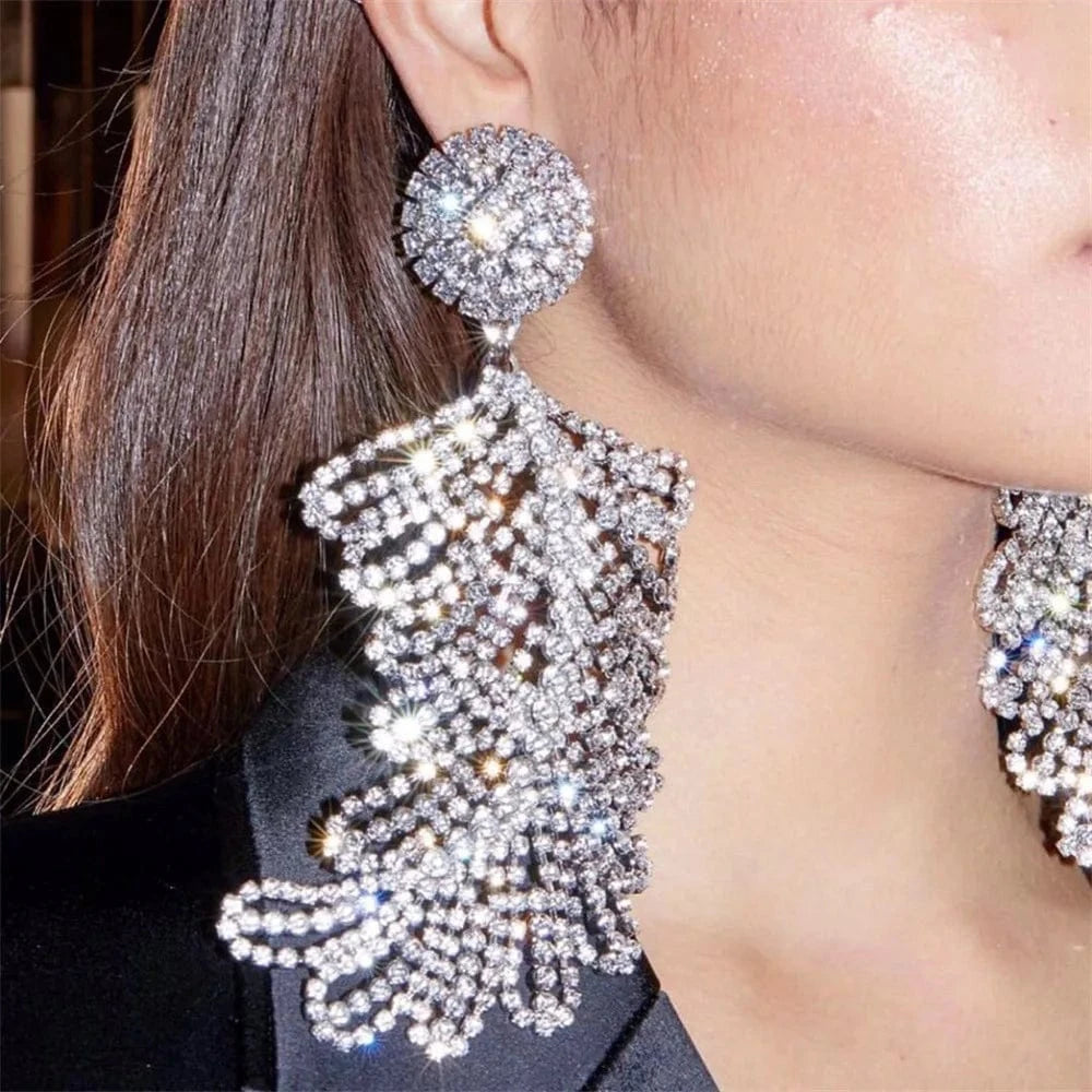 Exaggerated Long Hollow Leaves Dangle Earrings for women Crystal Statement Drop Big Rhinestone Earrings Jewelry Unique