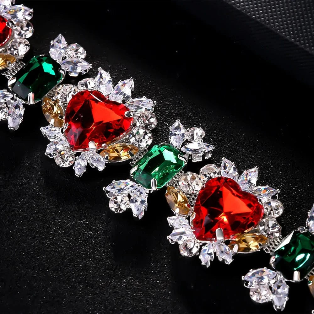 Exaggerated Red Heart Green Geometric Rhinestone Jewelry Sets For Women Wedding Bridal Crystal Necklace And Earrings Wholesale