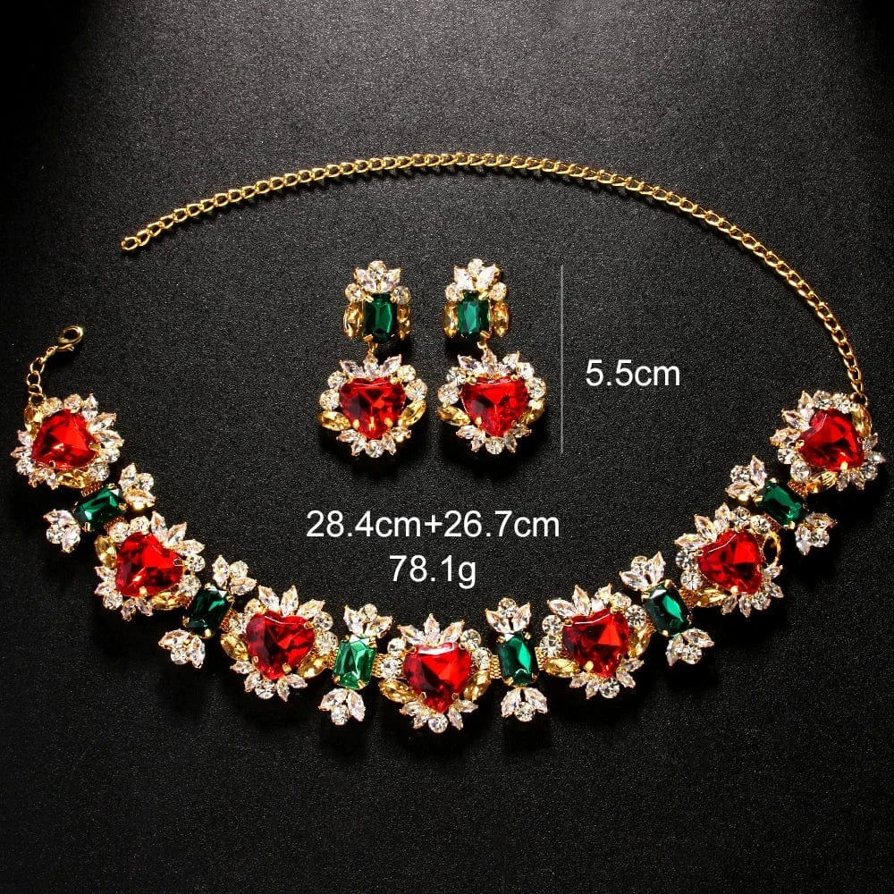 Exaggerated Red Heart Green Geometric Rhinestone Jewelry Sets For Women Wedding Bridal Crystal Necklace And Earrings Wholesale