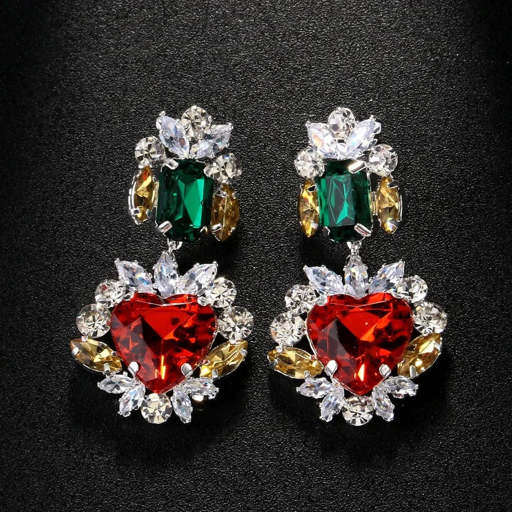 Exaggerated Red Heart Green Geometric Rhinestone Jewelry Sets For Women Wedding Bridal Crystal Necklace And Earrings Wholesale