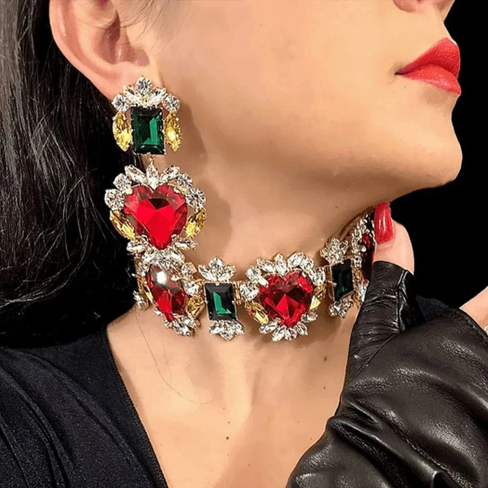 Exaggerated Red Heart Green Geometric Rhinestone Jewelry Sets For Women Wedding Bridal Crystal Necklace And Earrings Wholesale