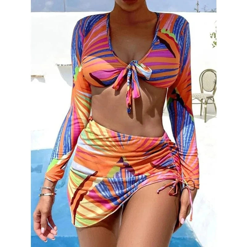 Explosive models chest strap swimwear floral print  three piece swimsuits for women long sleeve bikini