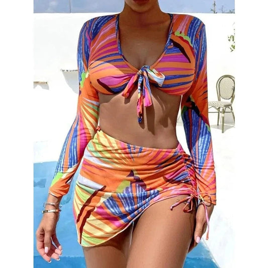 Explosive models chest strap swimwear floral print  three piece swimsuits for women long sleeve bikini