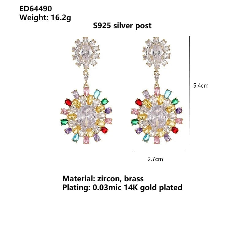 Exquisite earrings / s925 silver post / Gold ED64490 ED64490  statement crystal zircon sunflower drop heavy stud earrings fashion gold plated women jewelry