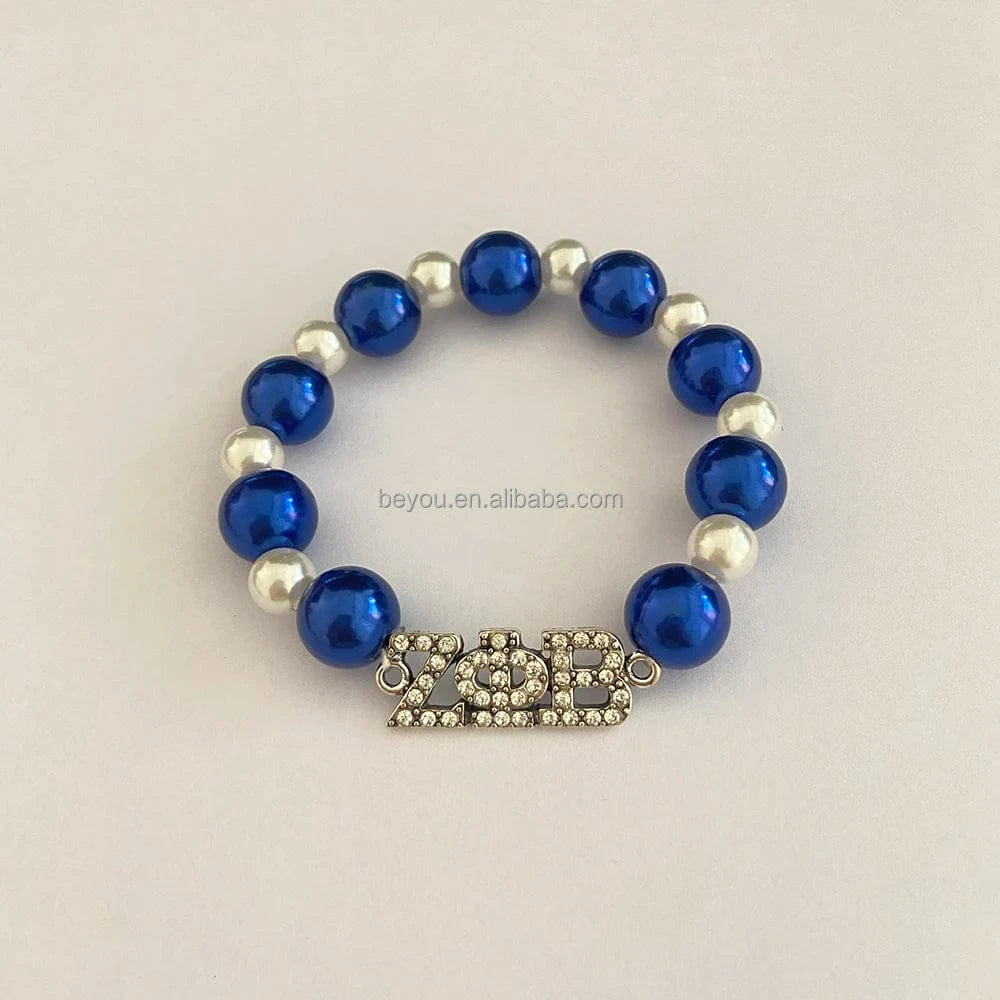Exquisite Greek Letter Sorority Zeta Phi Beta Bracelet Blue and White ZPB Pearl Bracelet New Fashion Women's  Elastic Bracelets
