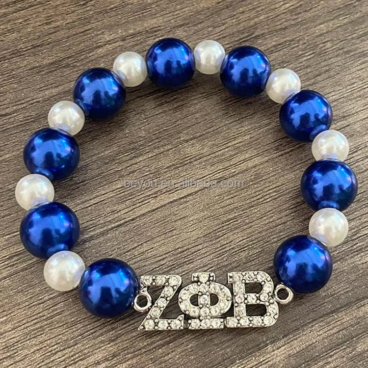 Exquisite Greek Letter Sorority Zeta Phi Beta Bracelet Blue and White ZPB Pearl Bracelet New Fashion Women's  Elastic Bracelets