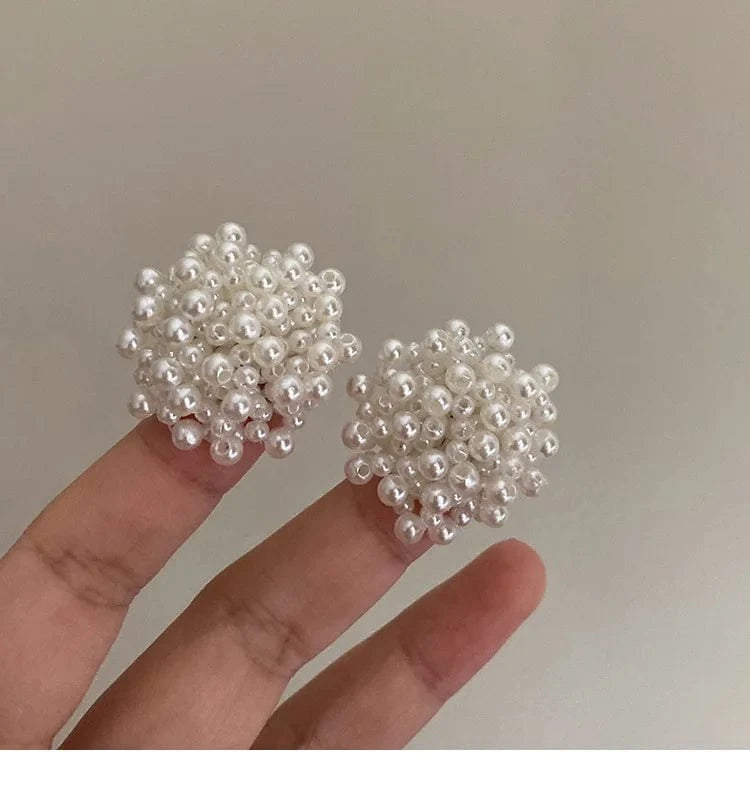 Exquisite Pearl Braided Flower Earrings for Women French Exaggerated Round Brincos Wedding Party Jewelry