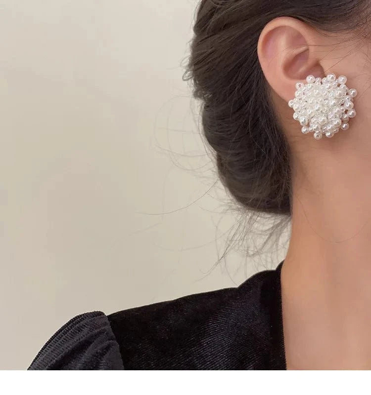 Exquisite Pearl Braided Flower Earrings for Women French Exaggerated Round Brincos Wedding Party Jewelry