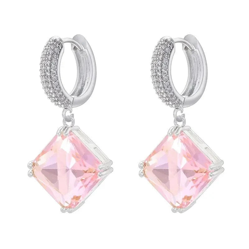 F Luxury Multi Color Geometric Crystal Zircon Square Drop Earrings White Gold Plated CZ Chunky Hoop Earrings Girls Ladies Jewelry