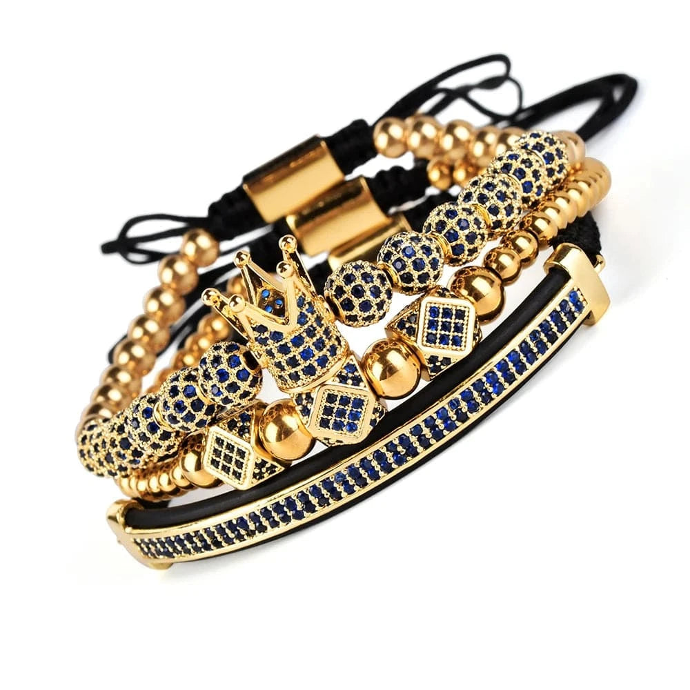 F274 Bangles Sets Gold Crown Men For Cz Copper Bead Charm Bracelet Custom Mens Blue Zircon Handmade Jewelry Bracelets