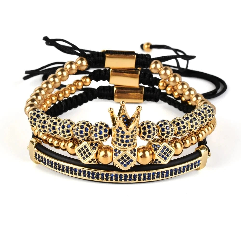 F274 Bangles Sets Gold Crown Men For Cz Copper Bead Charm Bracelet Custom Mens Blue Zircon Handmade Jewelry Bracelets
